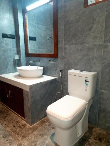 a bathroom with a toilet and a sink and a mirror at Coco Mount Residence - Hiriketiya in Dickwella