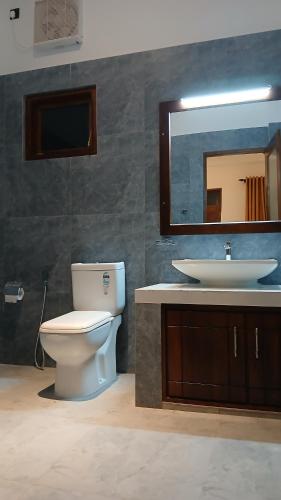 a bathroom with a toilet and a sink and a mirror at Coco Mount Residence - Hiriketiya in Dickwella