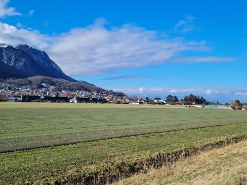 a field with a town and mountains in the background at Apartment Residenz Marina by Interhome in Bouveret