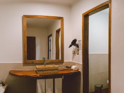 a bathroom with a sink and a mirror at La Aldea De La Selva Lodge in Puerto Iguazú