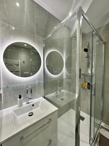 une salle de bain avec un lavabo, une douche et un miroir dans l'établissement Comfortable apartment near Marais Beaubourg, à Paris