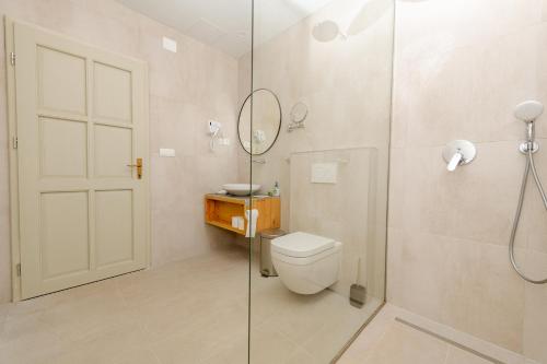 a bathroom with a toilet and a glass shower at Bohém Borklub in Tállya