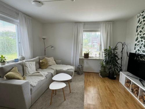 a living room with a couch and a tv at Emil Hemma in Järnforsen
