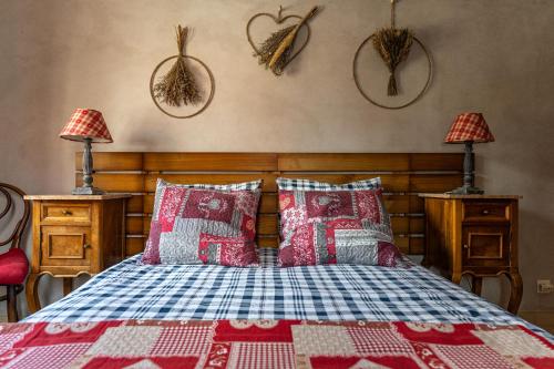 a bedroom with a bed with a red and blue quilt at Le gite 'Humulus' in Bilwisheim