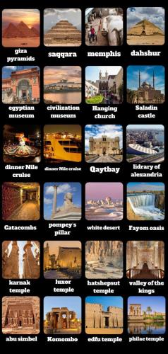 a collage of different types of monuments and landmarks at PYRAMIDS guest house in Cairo