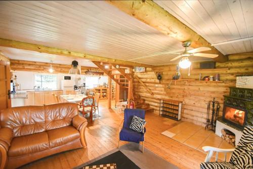 a living room with a couch and a fireplace at Wooden house in Vysočina in Jihlava