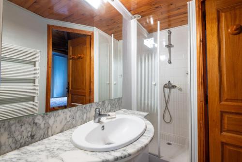une salle de bain avec un lavabo, une douche et un miroir dans l'établissement Gîte Appartement 