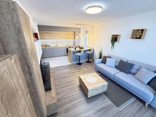 ブラショヴにあるJune's Urban Residenceの青いソファとキッチンのあるリビングルーム