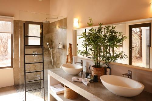 un baño con 2 lavabos y una planta en un mostrador en Villa Kudu - Exclusive and Serviced Safari Villa near Kruger Park, en Hoedspruit