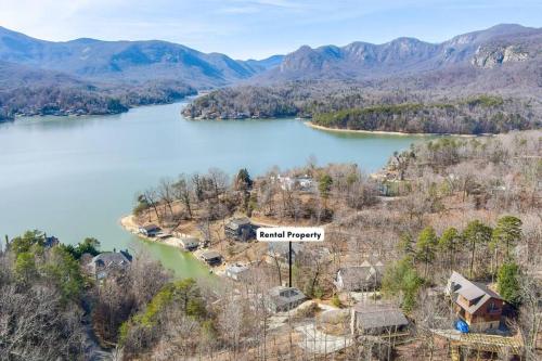 an aerial view of the island in the middle of a lake at Lakeside Serenity Mnt Views Decks Foosball in Lake Lure