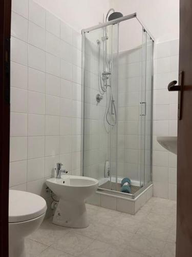 a bathroom with a shower and a toilet and a sink at Il campanile in Sulmona