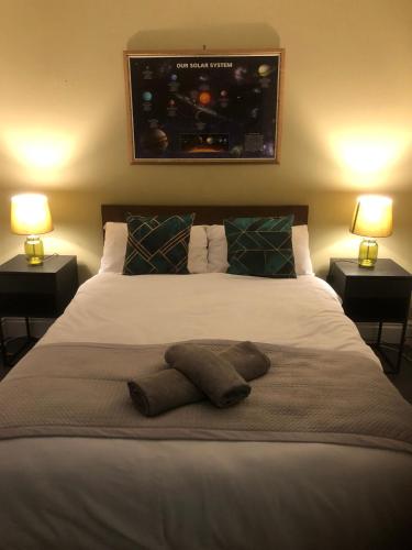 a bedroom with a bed with two lamps on both sides at City Centre One Bedroom Apartment Free Parking And internet in Hull