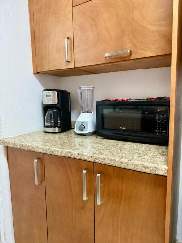 a kitchen with a microwave and a blender on a counter at Herradura VIP Inn in Mazamitla