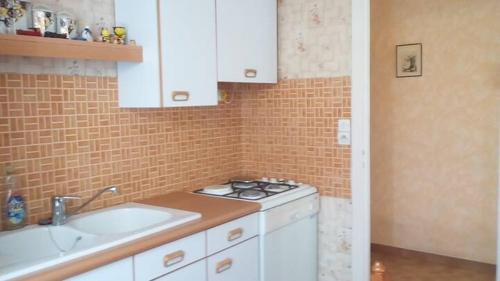 Il comprend une petite cuisine équipée d'une cuisinière et d'un évier. dans l'établissement Séjour Maison De Compagne Dordives - 1h de Paris, à Dordives