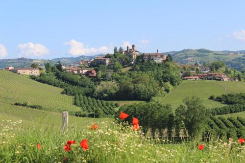 a field of flowers with a castle on a hill at Vin dell'Olmo in Castagnole Lanze