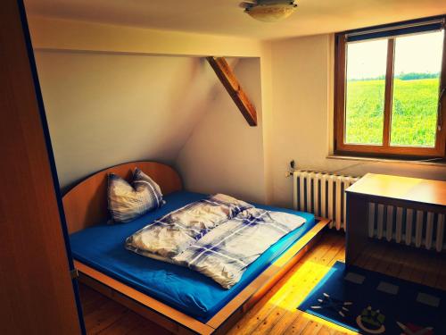 a small bed in a room with a window at Ferienhaus am Pferdehof in Schapow