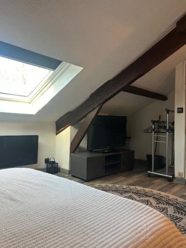 Un dormitorio con una cama grande y una claraboya. en LE VICTORIA, en Besançon