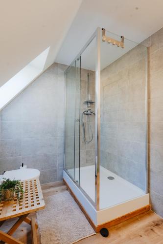 a bathroom with a shower with a glass shower stall at Chata Pekný les in Horné Hámre