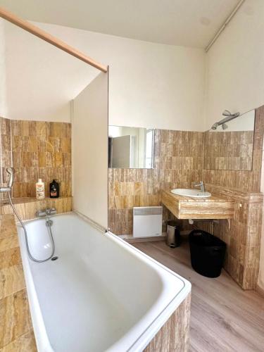 une grande salle de bain avec une baignoire et un lavabo dans l'établissement Charmant appartement en hyper centre, à Perpignan