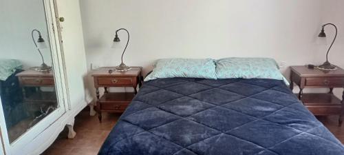 a bedroom with a bed with two nightstands and two lamps at La Elvira in San Antonio de Areco