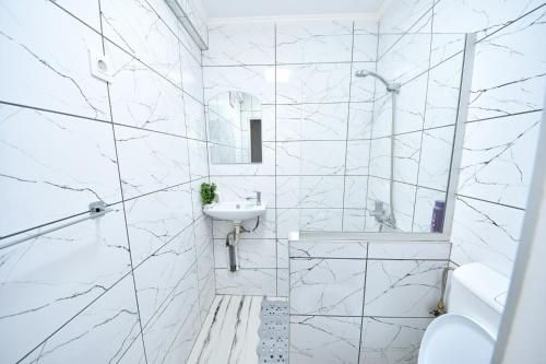 a white bathroom with a sink and a shower at Sco Studio in Galaţi