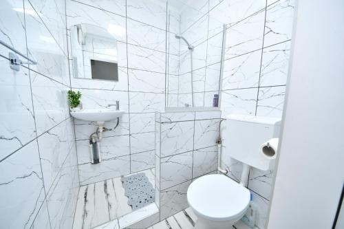 a white bathroom with a toilet and a sink at Sco Studio in Galaţi