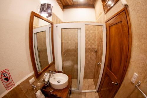 a bathroom with a sink and a shower and a mirror at Hot Chipilin in Antigua Guatemala