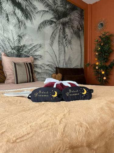 a bed with two pillows and a teddy bear on it at Appart bain à remous et jardin proche plage l Eden in Calais