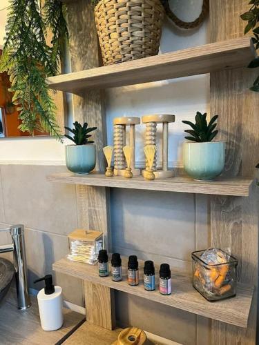 a wooden shelf with some plants on it at Appart bain à remous et jardin proche plage l Eden in Calais
