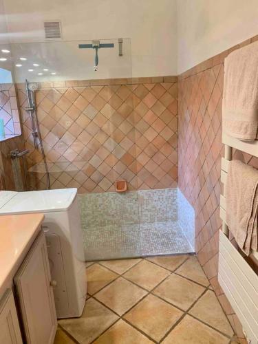une salle de bain avec douche et lavabo dans l'établissement Maison Cosy avec Vue Mer à Mandelieu-la-Napoule, à Mandelieu-la-Napoule