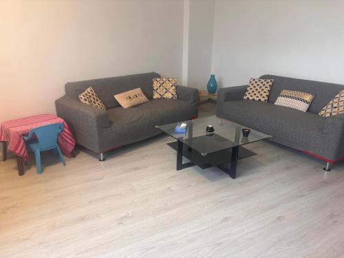 a living room with two couches and a coffee table at La petite récréation, Place de parking inclus in Dieppe