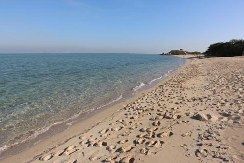 a beach with rocks in the sand and water at Aquamarine Kuwait Resort(Families Only) in Al Nuwaiseeb
