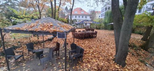 a garden with a table and chairs with leaves on it at King David Garden in Berlin
