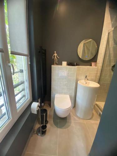 une salle de bain avec un lavabo, des toilettes et un miroir dans l'établissement Saint Jacques Sciences, à Paris