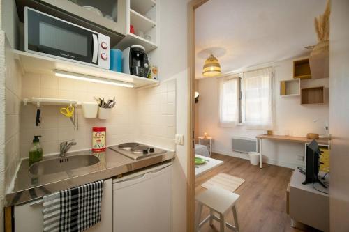 une petite cuisine avec un évier et un micro-ondes dans l'établissement Appartement tout equipe à coté de la Marseille Timone, à Marseille