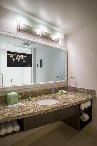 a bathroom with a sink and a large mirror at Renaissance Raleigh North Hills Hotel in Raleigh