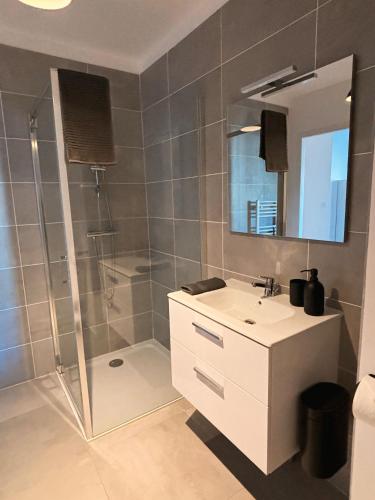 une salle de bain avec une douche, un lavabo et un miroir dans l'établissement Charmant appartement à Ajaccio, proche de la mer !, à Ajaccio