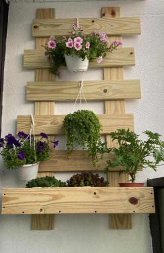 a wooden shelf with potted plants on a wall at 大溪漁港蜜月灣Luna民宿2號館 in Toucheng