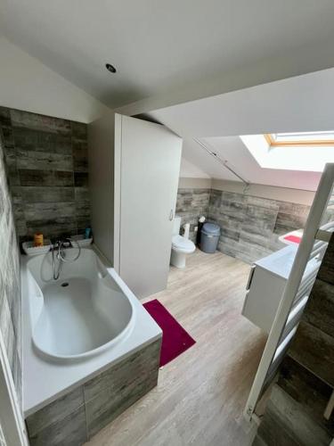 La salle de bains est pourvue d'une grande baignoire et de toilettes. dans l'établissement Charmant appartement à Roanne, à Roanne