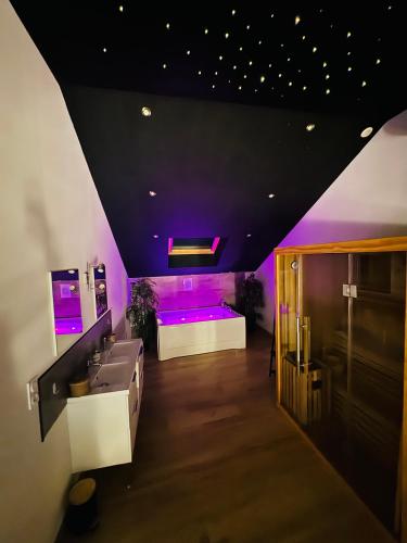 Cette chambre est dotée de lumières violettes au plafond. dans l'établissement Superbe appartement jacuzzi beaune centre, à Beaune