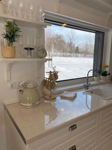 a kitchen counter with a sink and a window at Holiday Home Rubini in Līvi