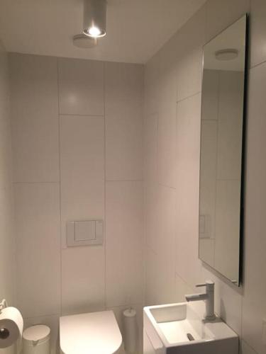 a bathroom with a toilet and a sink and a mirror at Super view Am Flachsberg in Butgenbach
