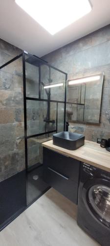 une salle de bain avec un lavabo et un mur en pierre dans l'établissement Doalchaléda, à Linguizzetta