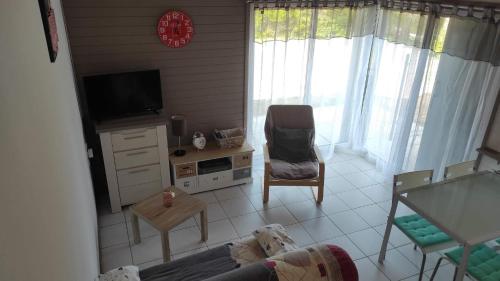 a living room with a tv and a couch and a chair at Les châlets de Renoir 1 in La Roche-Posay