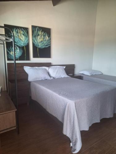 a bedroom with a bed and two paintings on the wall at Max Suíte in Capitólio