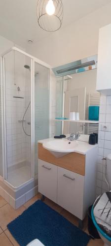 une salle de bain avec une douche, un lavabo et un miroir dans l'établissement Rosemonde- Logement sur le quai de la chaume, à Les Sables-dʼOlonne