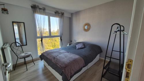 Un dormitorio con una cama y una silla y una ventana. en Appartement Clara Parking Gratuit, en Mont-Saint-Aignan
