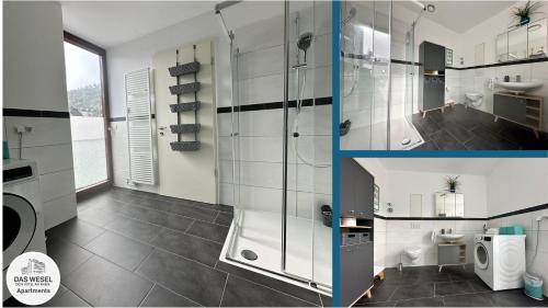 two pictures of a bathroom with a toilet and a sink at DAS WESEL - DEIN HOTEL AM RHEIN in Oberwesel