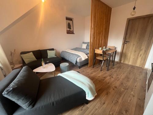 a living room with a couch and a bed at Apartmán Pavčina Lehota in Pavčina Lehota