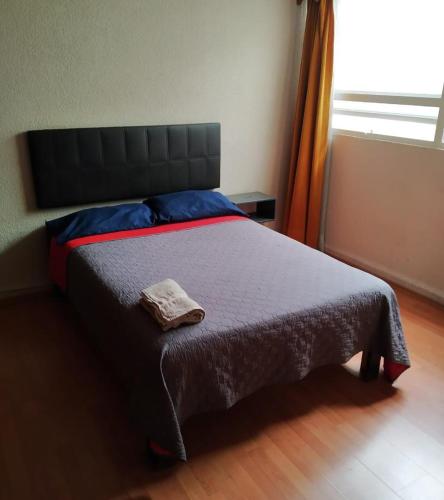 a bedroom with a bed with a blanket and a window at Hotel Económico Morelia in Morelia